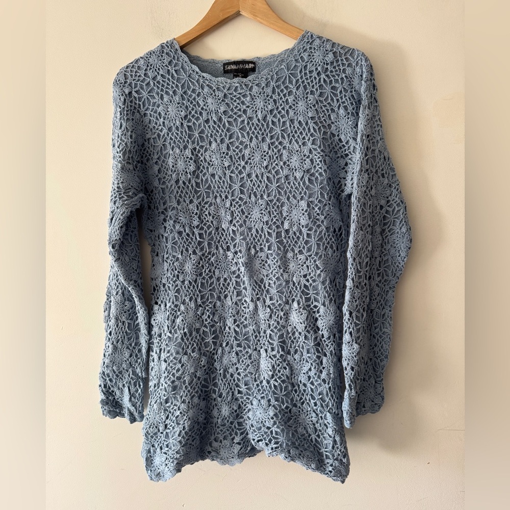 Vintage Blue Floral Crochet Sweater or Tunic Silk and Cotton Blend